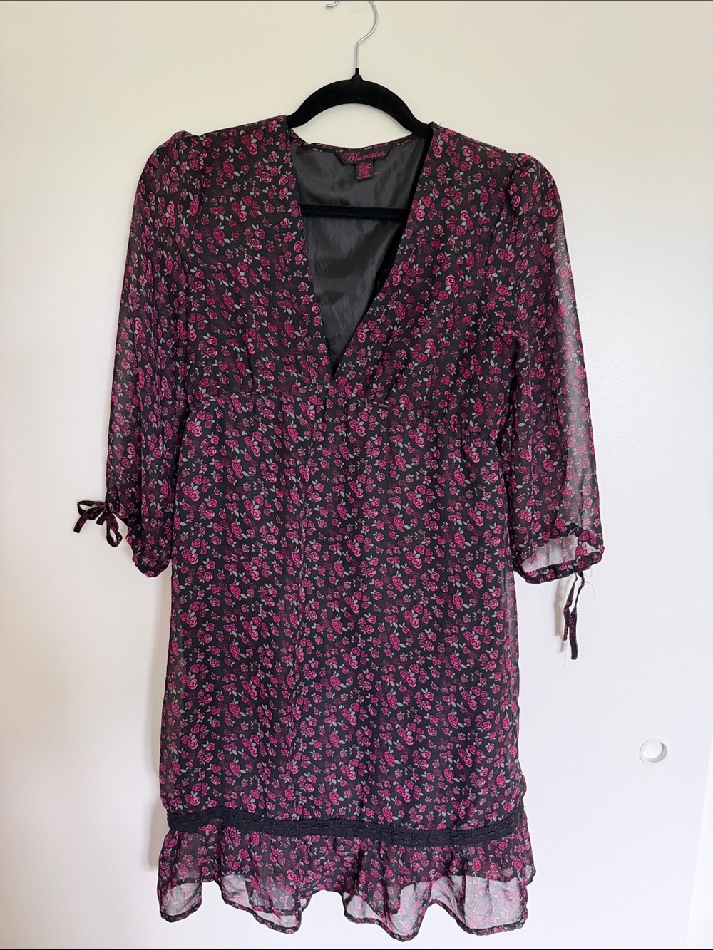 Bluenotes Pink Floral Black V-Neck Dress